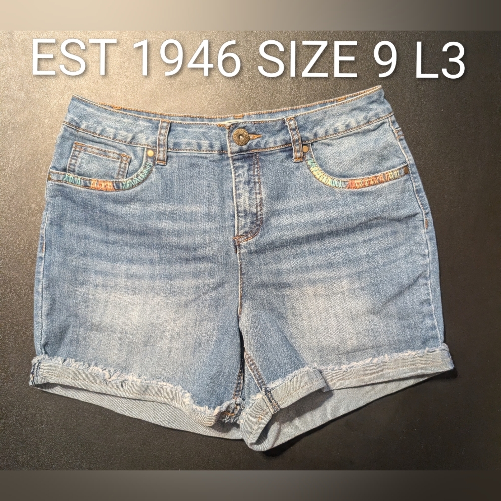 EST 1946 Light Blue Jean Shorts with Colorful Accents